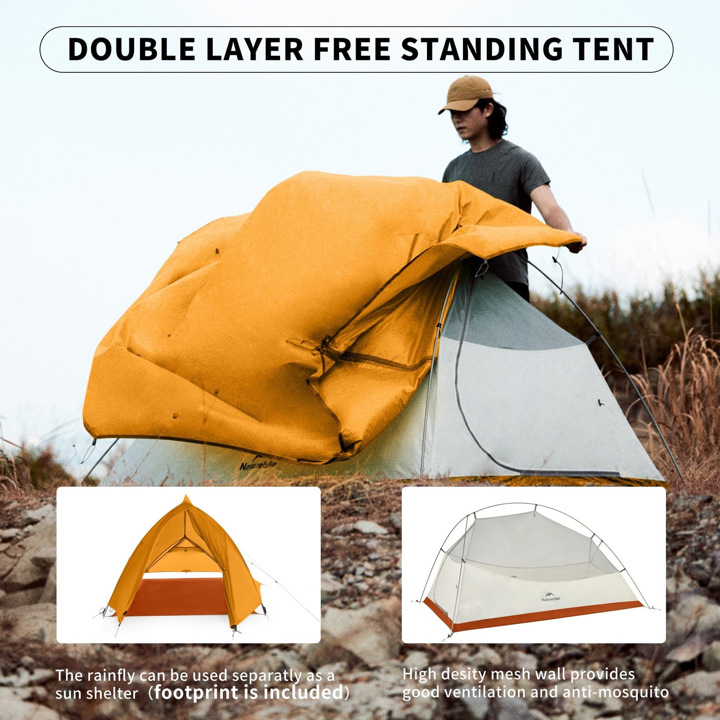 Naturehike Cloud up Base Backpacking Tent, Waterproof Lightweight 2 Person Tent for Camping, Double Layer Two Person Tent with Footprint