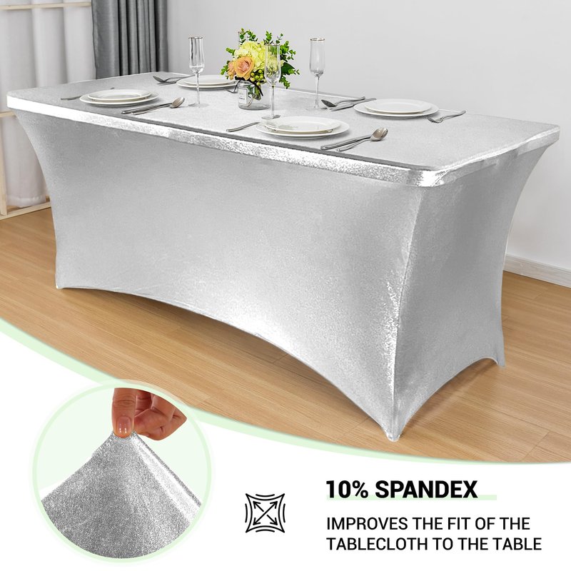 Obstal 6ft Stretch Spandex Table Cover for Standard Folding Tables - Universal Rectangular Fitted Tablecloth Protector for Wedding, Banquet, Party Stamping Silver, 72 Length x 30 Width x 30Height Inch