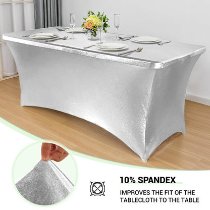 Obstal 6ft Stretch Spandex Table Cover for Standard Folding Tables - Universal Rectangular Fitted Tablecloth Protector for Wedding, Banquet, Party Stamping Silver, 72 Length x 30 Width x 30Height Inch
