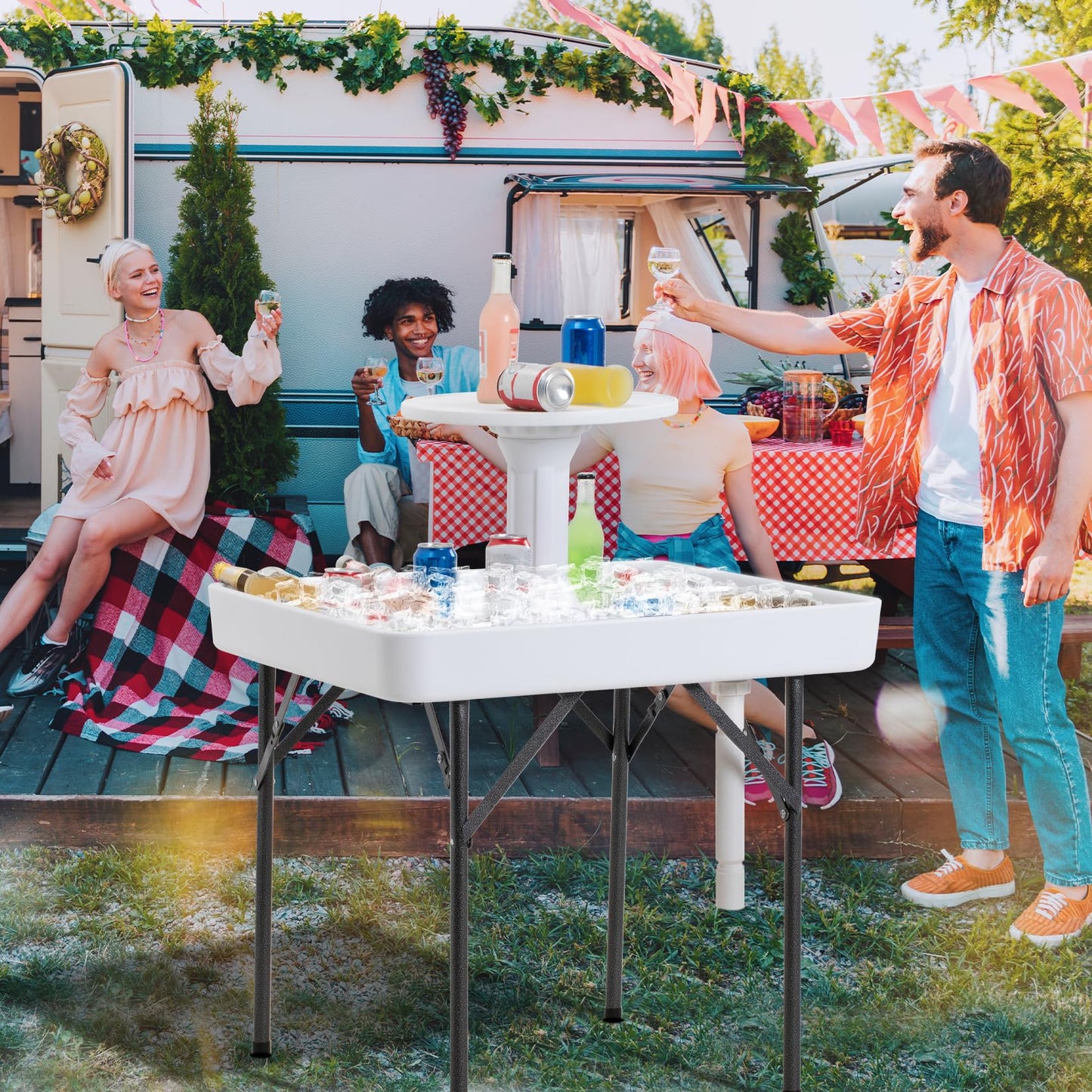 Haddockway Two-Tier Ice Cooler Table, Square Ice Tables for Parties with Drain, Removable Matching Skirt & Rounded Tray, Folding Outdoor Cooler Table for Picnic, Camping, Fishing, Wedding