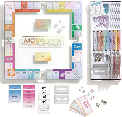 WS Game Company Monopoly Aura Edition Iridescent Tempered Glass Board Crystal-Clear Acrylic Houses Metallic Tokens Foil Cards &amp Tray Family Board Games for 2-6 Players Ages 8+