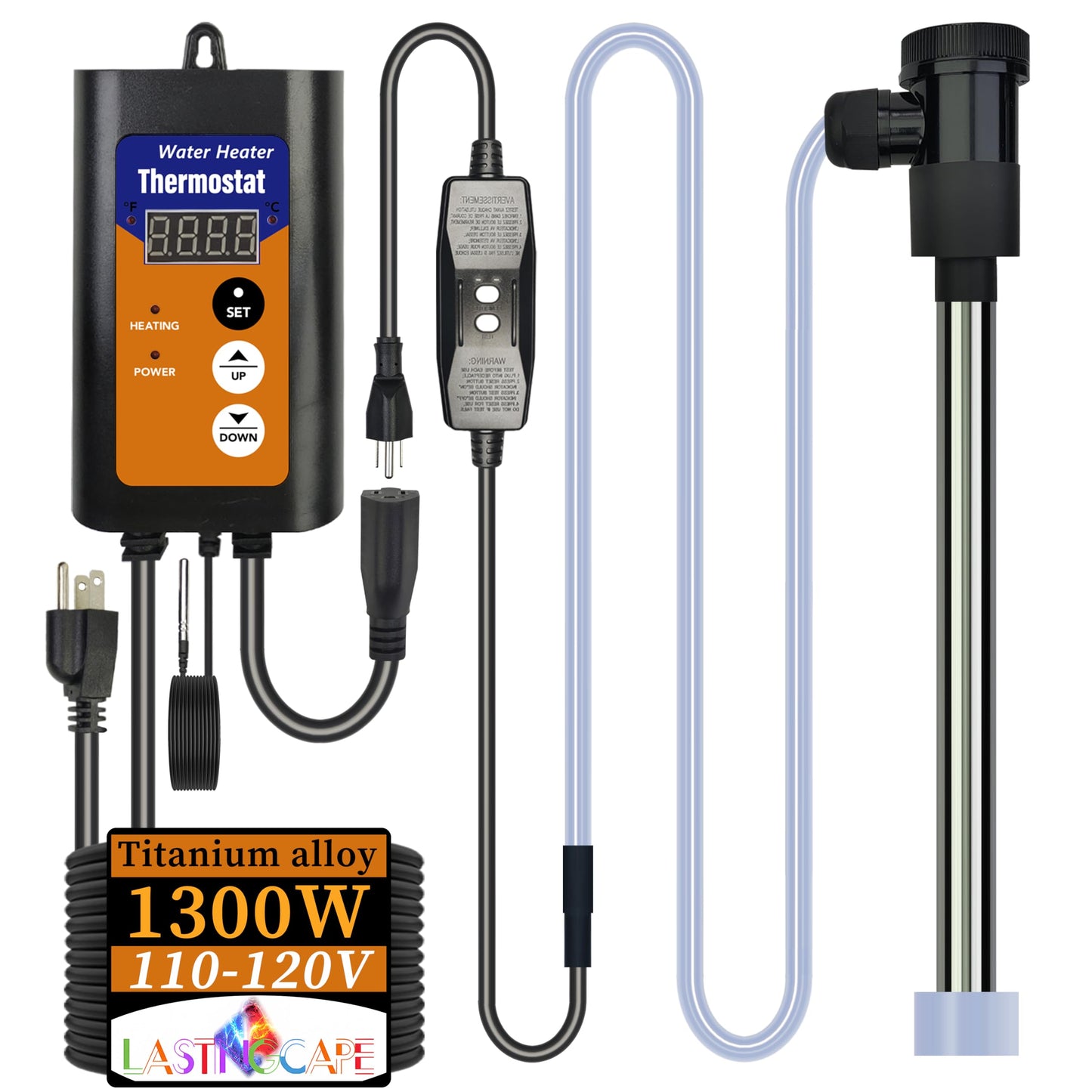 LASTINGCAPE 1300W Titanium Fully Submersible, Portable Electric Pool and Hot Tub Immersion Water Heater with Temp Control, GFCI for spa tub, Pool, Bathtubs, Buckets, Baptistry & Above Ground Pool