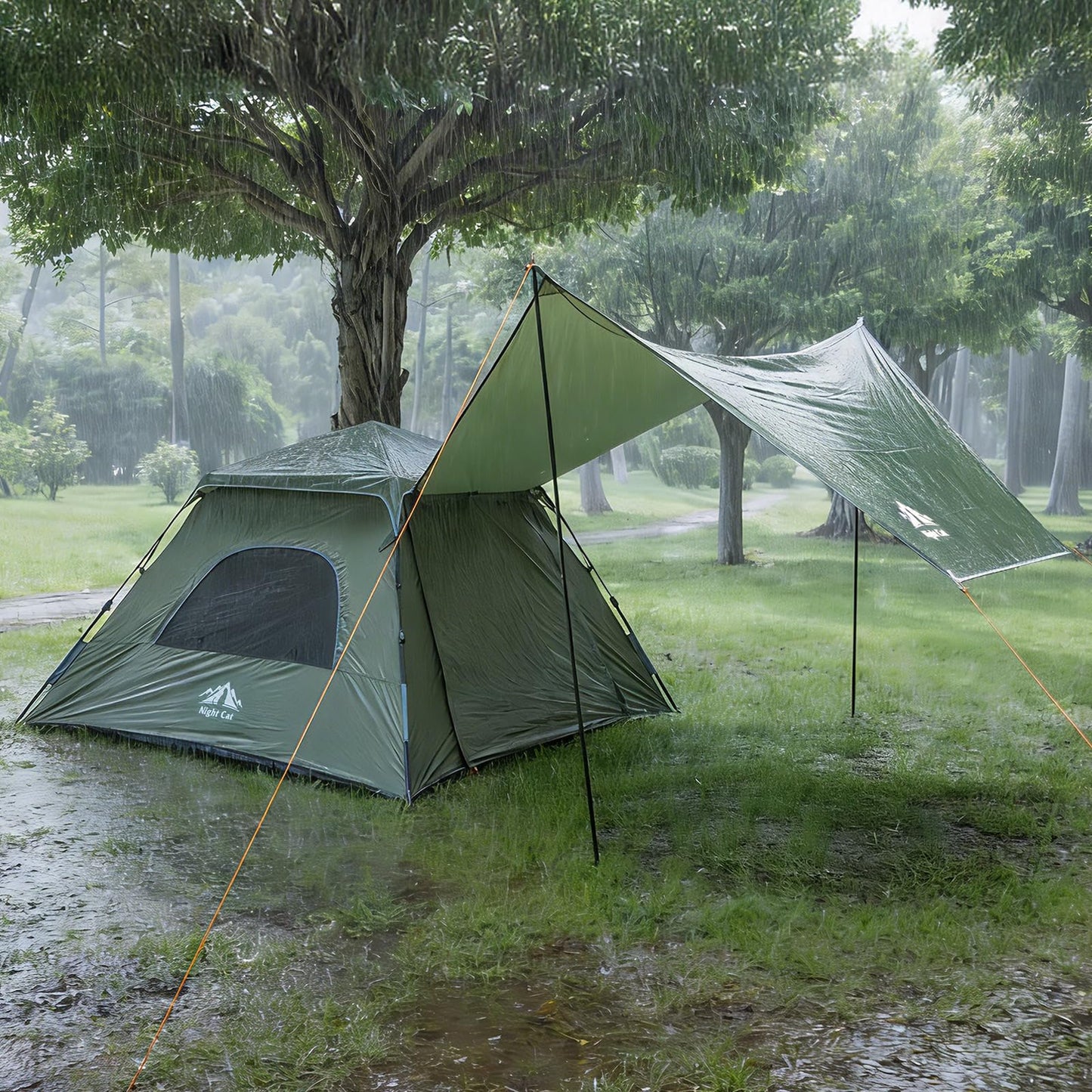 Night Cat 3-Person Camping Tent: Waterproof Instant Cabin Tent with Canopy Tarp for Family, 2-in-1 Canopy Tent with Porch Easy Setup