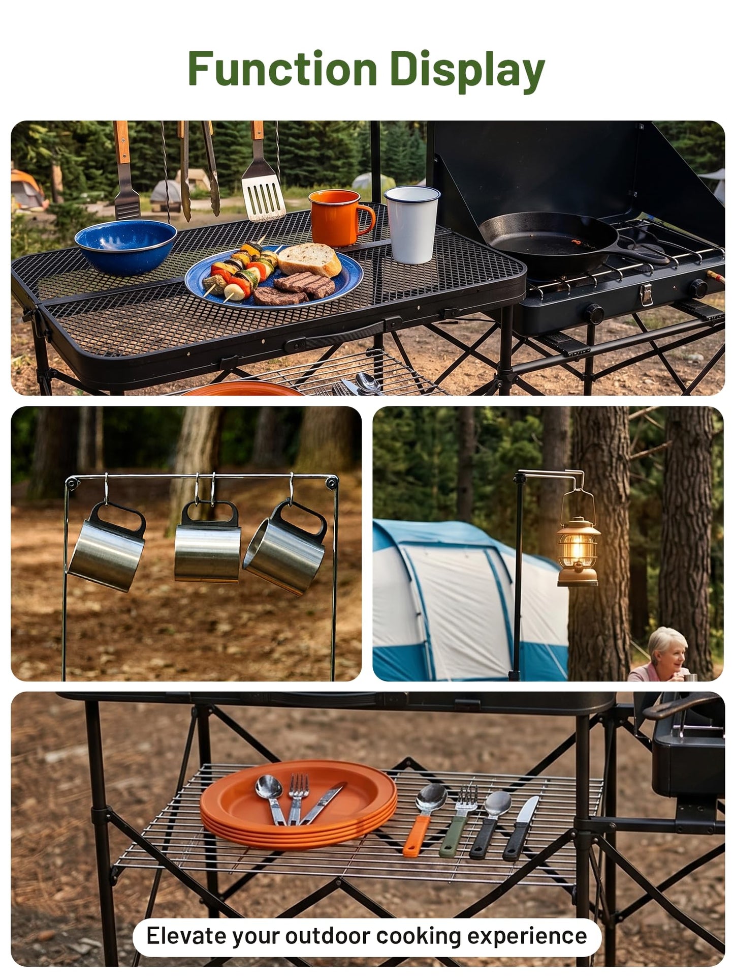 TIMBER RIDGE Portable Camping Kitchen Station, Folding Outdoor Cooking Grill Table with Heat-Resistant Steel Mesh Top & Storage Shelves, Heavy Duty Picnic RV Tailgating BBQ Easy Setup, 110lbs Capacity