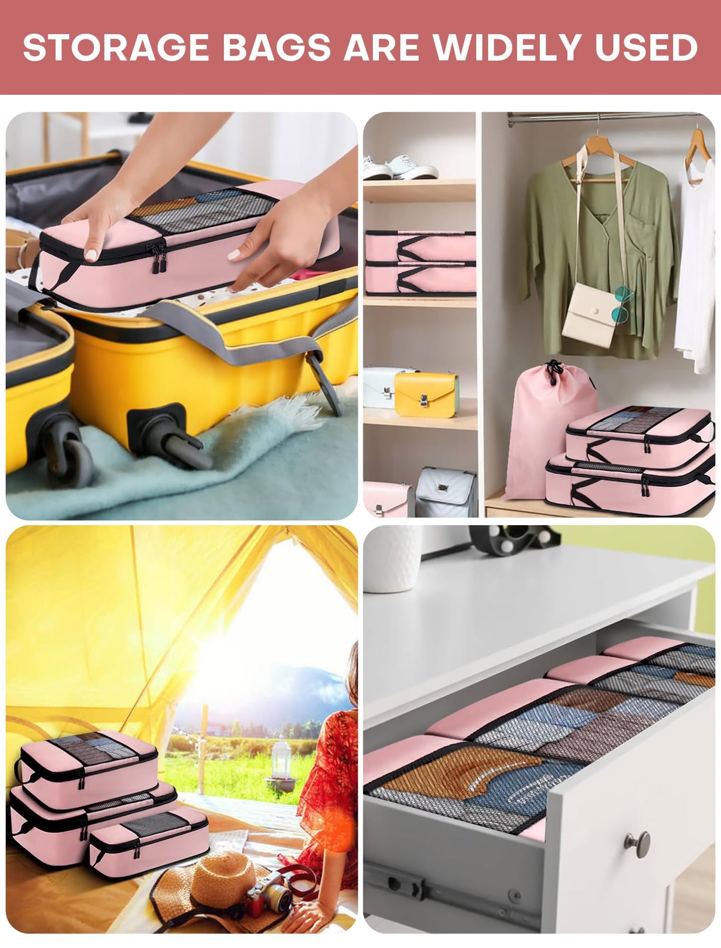 SDGFUI 6 PCS Set Compression Packing Cubes for Travel, Lightweight Packing Organizer Bags Travel Essentials for Carry On, Suitcase, Home Closet - Pink