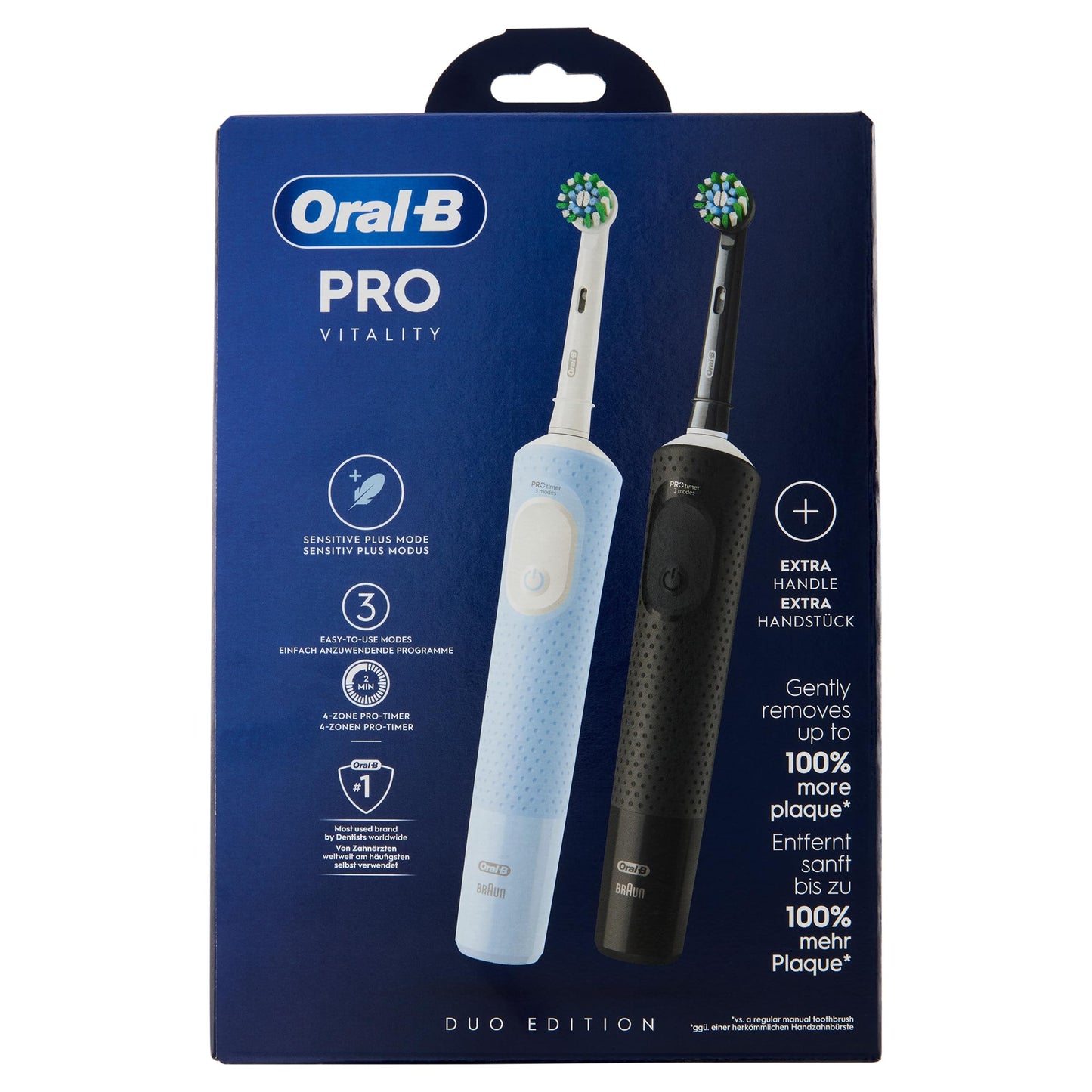 Oral-B Vitality Pro Electric Toothbrush/Electric Toothbrush, Double Pack, 3 Cleaning Modes for Dental Care, Designed by Brown, Blue/Black