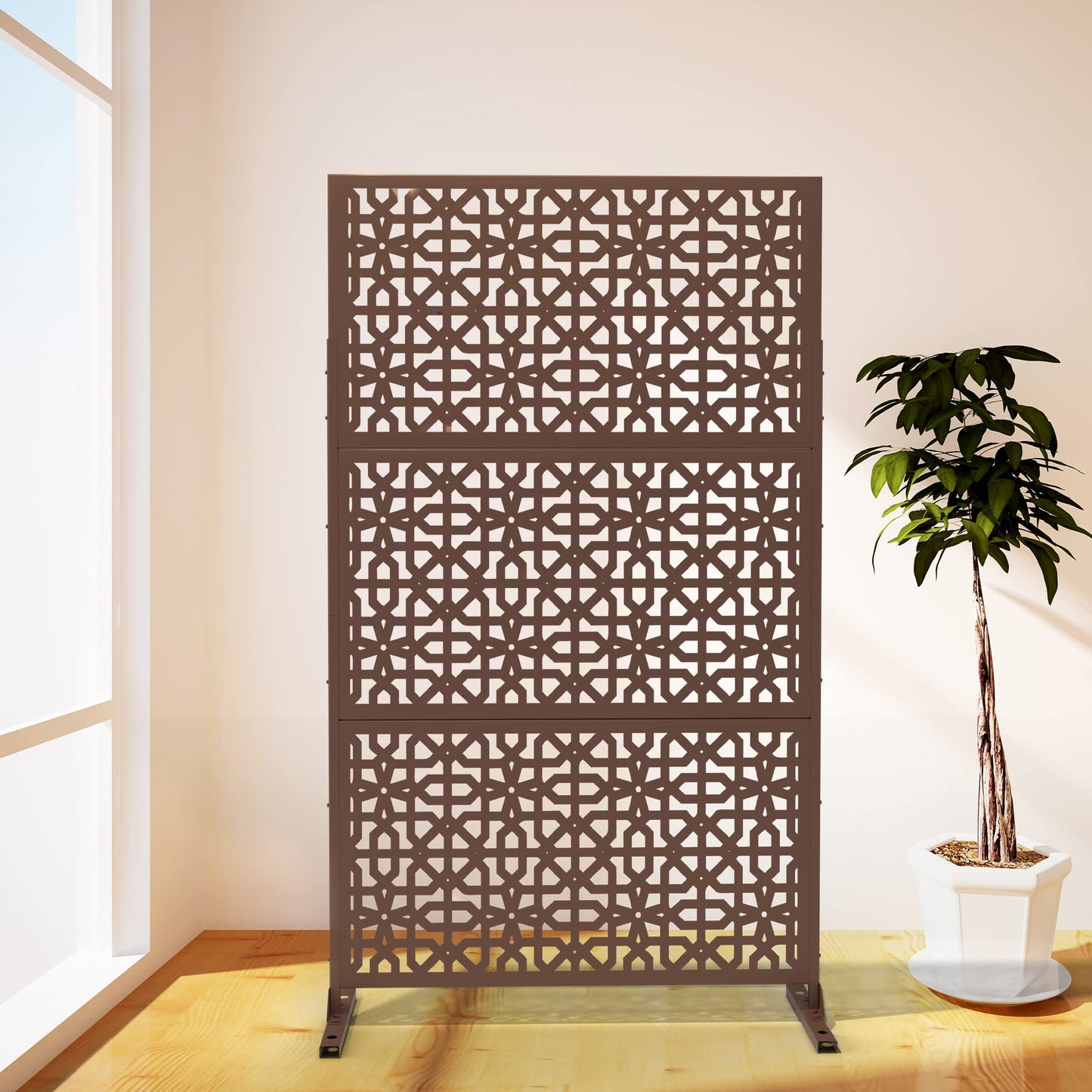 Elevens Outdoor Decor Privacy Fence Screen Metal Fence Panels,Decorative Privacy Screen with Stand,Outdoor Divider for Garden Patio Backyard,76" H×35" W(Brown-Perilla)