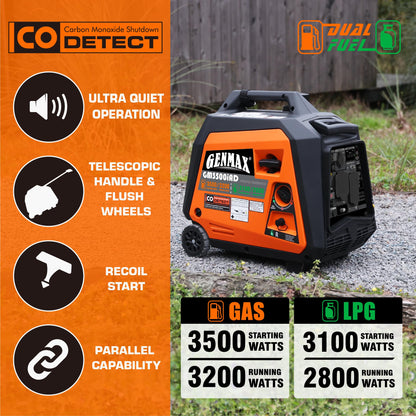 GENMAX Portable Generator, 3500W Super Quiet Gas or Propane Powered Engine with Parallel Capability, Manual start，Ideal for Camping Travel Outdoor.EPA Compliant