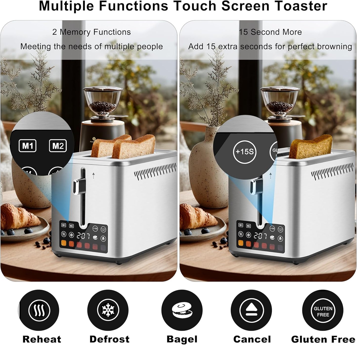 Skiennix Touch Screen Toaster - 2 Slice Stainless Steel Smart Toaster with LCD Display & 6 Shade Settings