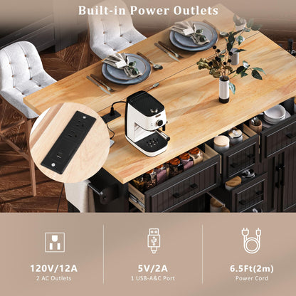 Trygoal Kitchen Island with Power Outlet and Drop Leaf, 56.5" Rolling Kitchen Cart on Wheels with 5 Drawers & 4 Soft-Closing Doors, Mobile Kitchen Island with Embossed Stripe for Dining Room, Black