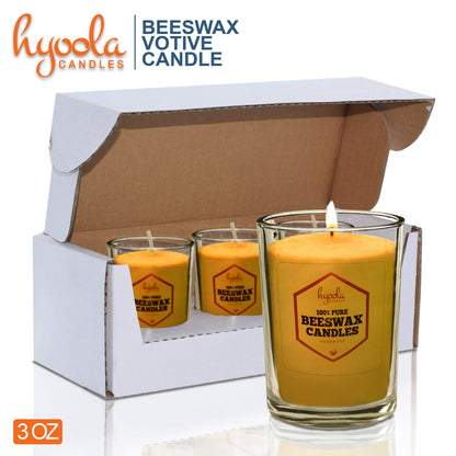 Hyoola Beeswax Votive Candles 3 Pack - Handmade, All Natural, 100% Pure Unscented Bee Wax Candle - Decorative, Golden Yellow Beeswax Candle - 30 Hour Burn Time