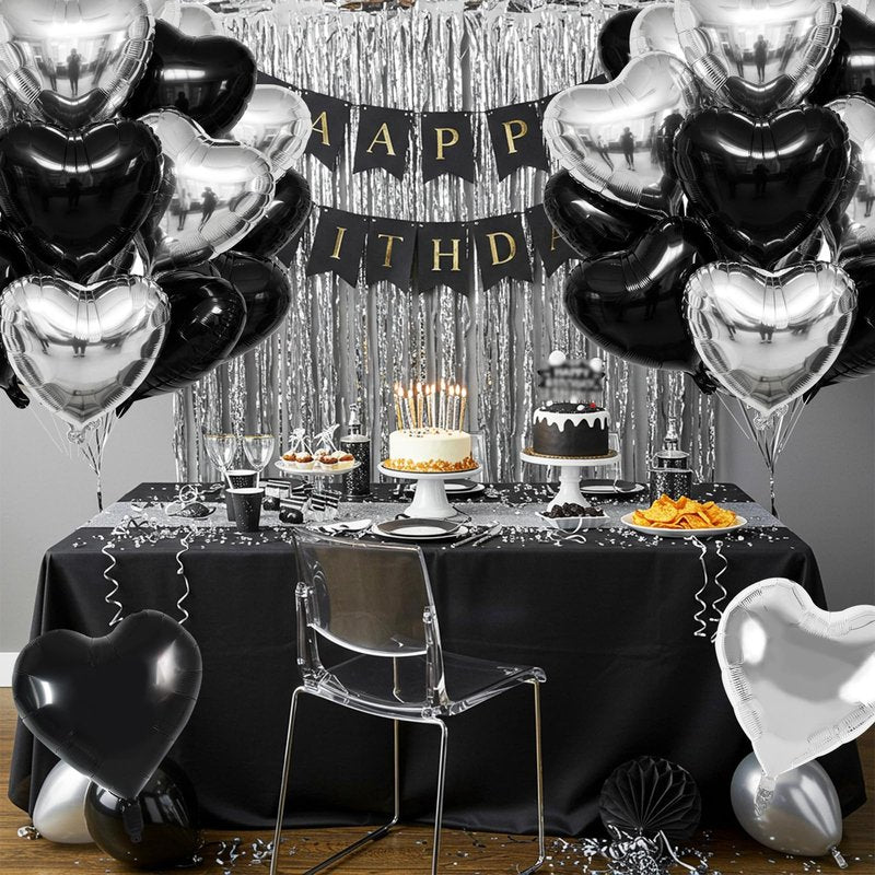 TONIFUL 30Pcs 18 Inch Black Silver Balloons Black Silver Heart Shape Foil Mylar Banners Decoration for Birthday Valentine's Day Wedding Bridal Shower Anniversary Engagement Party Supplies