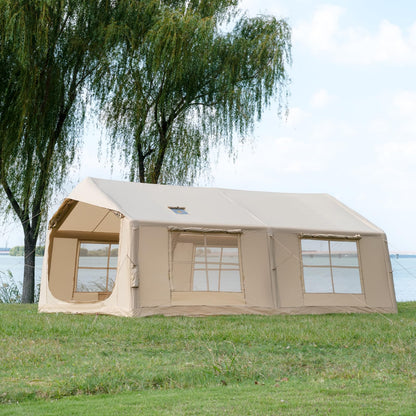 WaldZimmer 17sq Beige Inflatable Camping Tent with Hand Pump Easy Setup Waterproof Windproof Outdoor Blow up Tent 8-12 Person Oxford 4 Season Glamping Air Tents Cabin House with Mesh Windows & Door