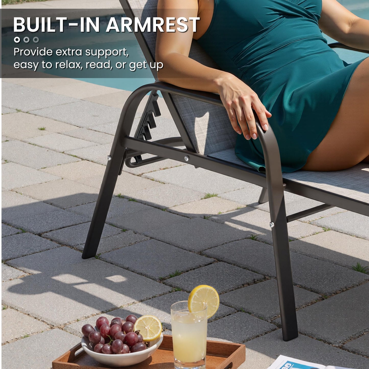 Crestlive Outdoor Chaise Lounge Chair,5-Position Pool Lounge Chairs with Armrests Sunbathing Recliner for Patio,Beach,Deck,Yard (2PC Beige)