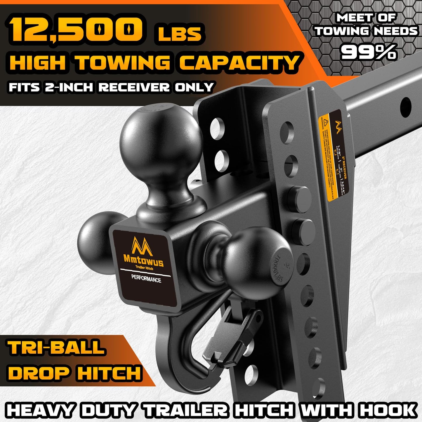 Mmtowus Adjustable Trailer Hitch - Drop Hitch 2-Inch Receiver - Tri Ball Mount with Hook (1-7/8'', 2'' & 2-5/16''), 8'' Drop/Rise Tow Hitch, 12,500 LBS GTW, 3 Ball Hitches for Trucks, RV, Camper etc