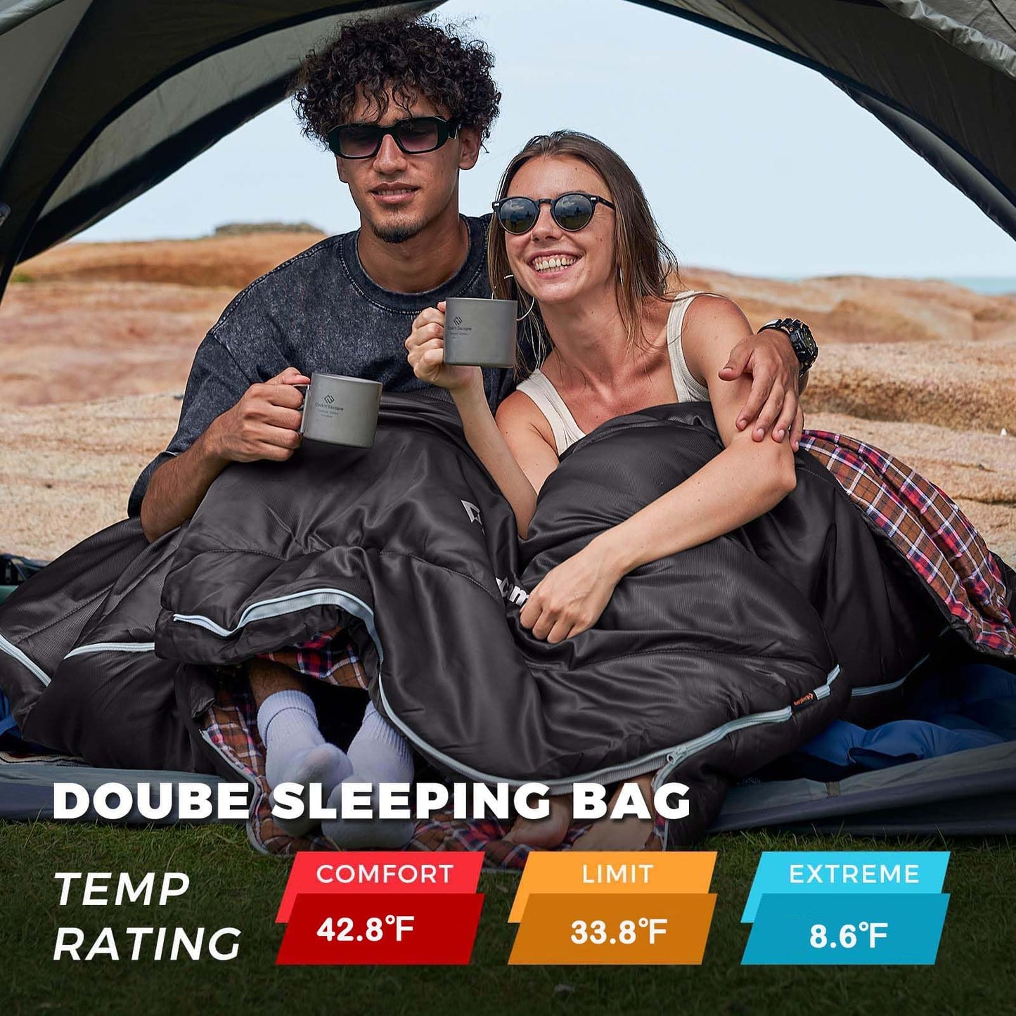 KingCamp Double Sleeping Bag for Adults, Queen Size 2 Person XXL Flannel Sleeping Bag, Lightweight Waterproof with 2 Pillows & Compression Sack for Couples & Family Camping Hiking, Grey