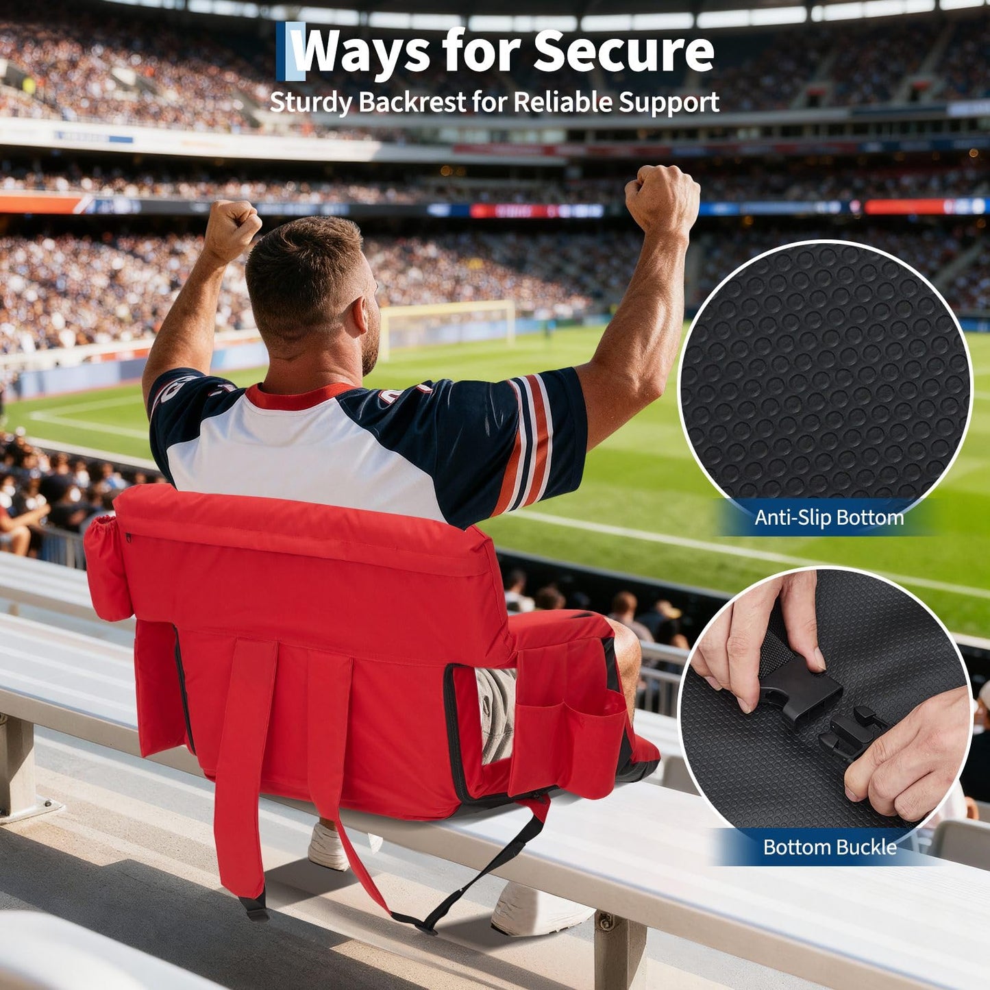 Garvee Stadium Seats with Back Support and Padded Cushion - Extra Wide 24.5" Bleacher Chair with Anti-Slip Mat - Reclining Stadium Football Seats - 6 Adjustable Angle, Large Pockets, Cup Holders - Red