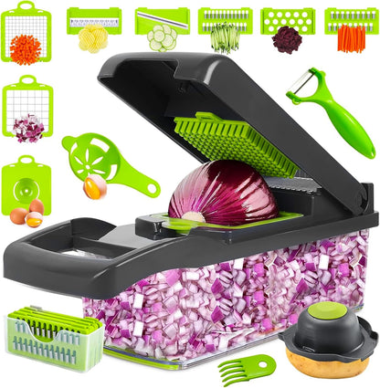 Skiennix Vegetable Chopper - 16-in-1 Food Dicer with 8 Stainless Steel Blades | Easy Meal Prep Tool in Green