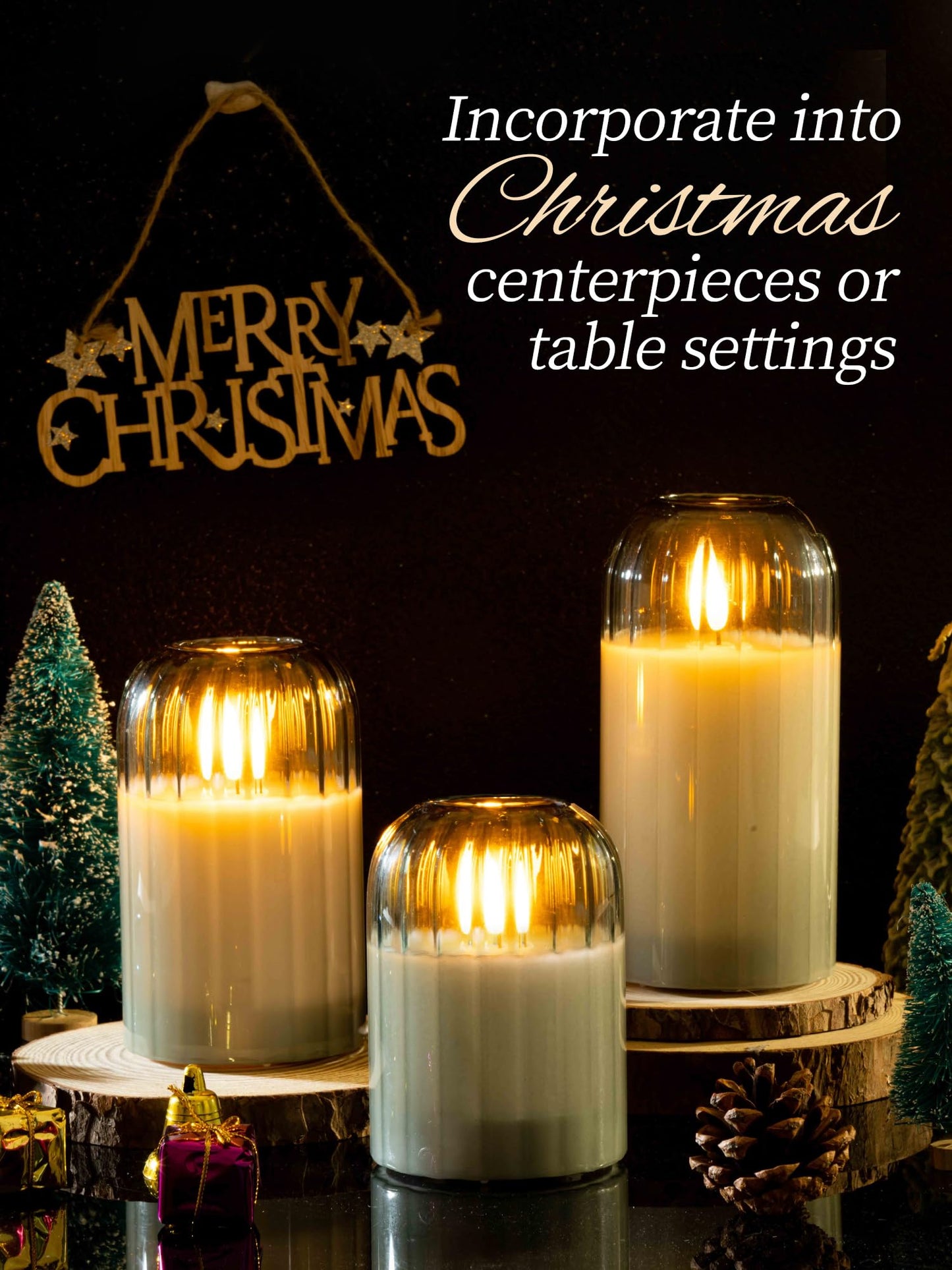 luzzup Glass Ribbed Flameless Candles - Battery Candles with Remote Timer, Green Glass LED Candles with Pumpkin Shape, Warm Light, Lasting 350 Hrs and Brightness Adjustment, Φ 3" H 4" 5" 6", Set of 3