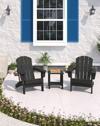 GarveeLife Folding Adirondack Chair Set of 2 with Side Table, All-Weather HDPE Outdoor Chair, Wooden Textured with Cup Holder for patios, Decks, Gardens, fire pits, Black