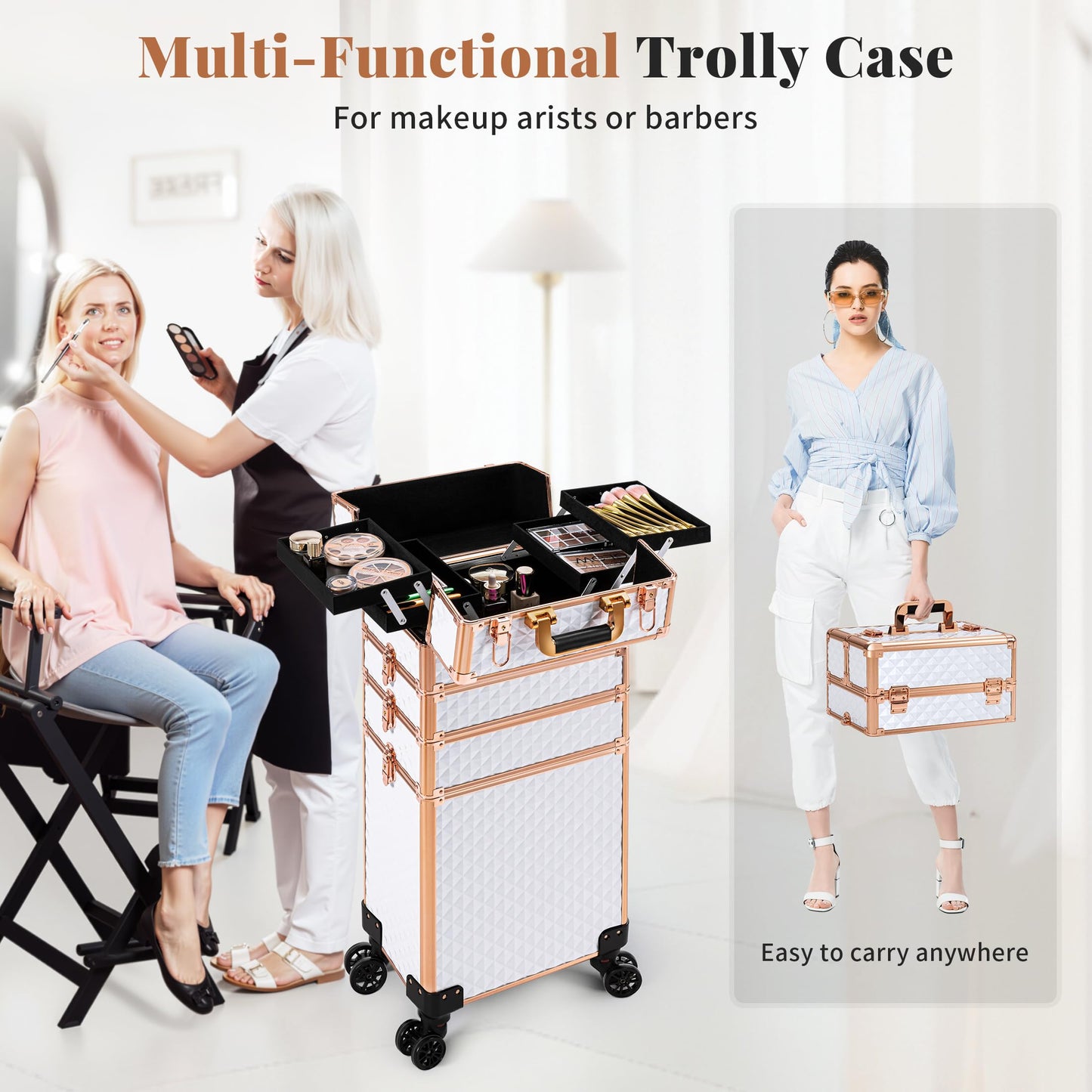 AROUS Rolling Makeup Train Case 4 in 1 Cosmetology Case on Wheels Large Storage Cosmetic Trolley with Key Salon Barber Case Traveling Cart Trunk,White