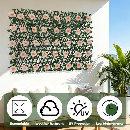 Nature Crafted Expandable Fence Privacy Screen with Artificial Flower, Greenery Expandable Stretchable Covers Panel Privacy Fence for Balcony Patio Garden, Single Sided Leaves (Pink Rose, 4 Pack)