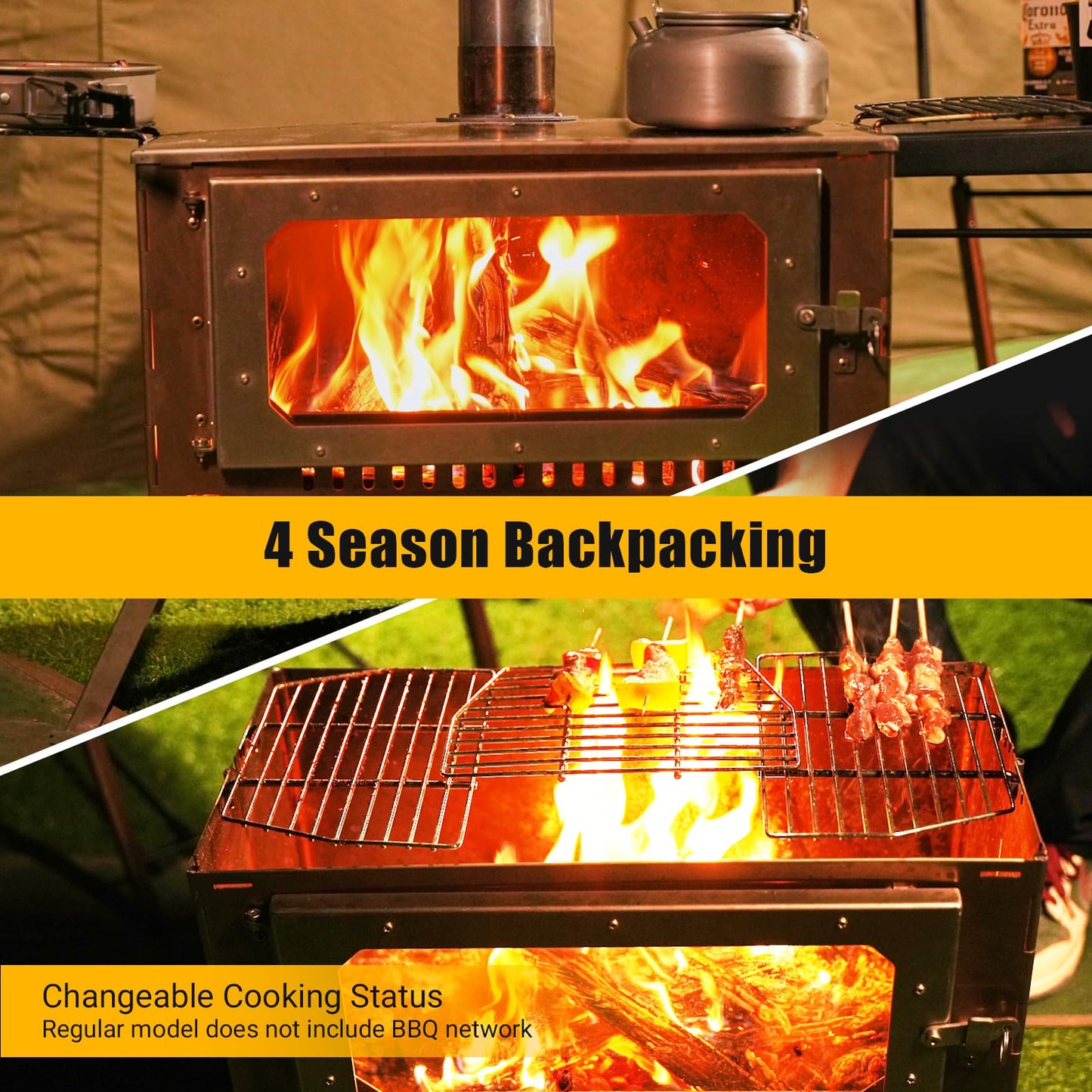 Large Portable Wood Burning Tent Stove, Foldable Stainless Steel Camping Stove with Viewing Glass & 5 Chimney Pipes & 3 Grills for Outdoor Heating, Cooking, Shelter, and Wilderness Survival