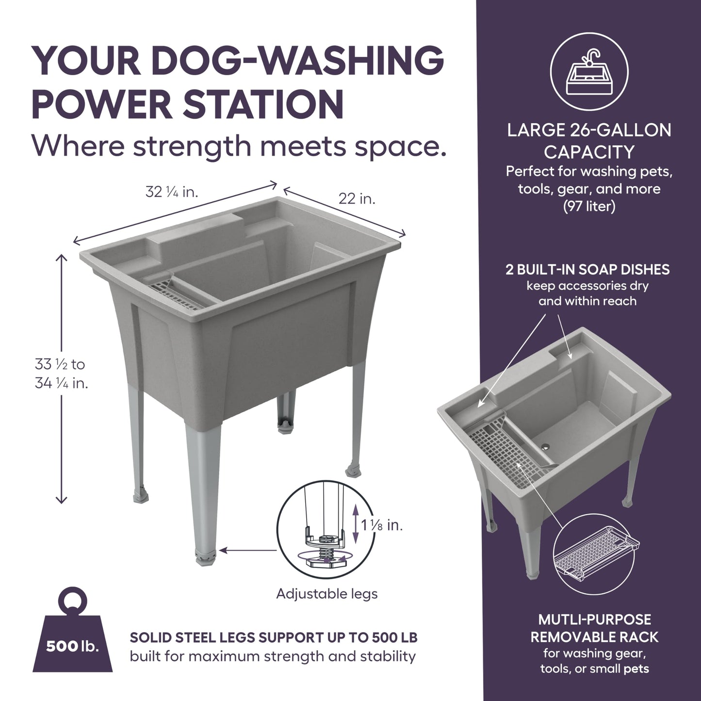 Freestanding Utility Sink with Pull-Out Faucet – 32" with Steel Legs – Multipurpose for Pet Washing & More, Indoor and Outdoor Use – by Noah William Home – Grey (26 gal)