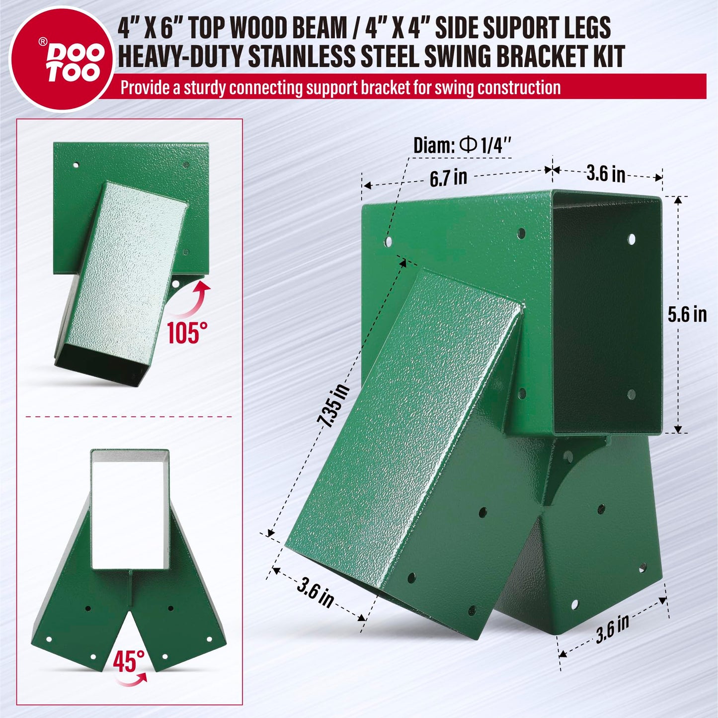 DooToo Swing Bracket Kit, Stainless Steel 2-Pack A Frame Swing Brackets and 4-Pack Adjustable Swing Set Brackets,for Outdoor & Backyard (Green)