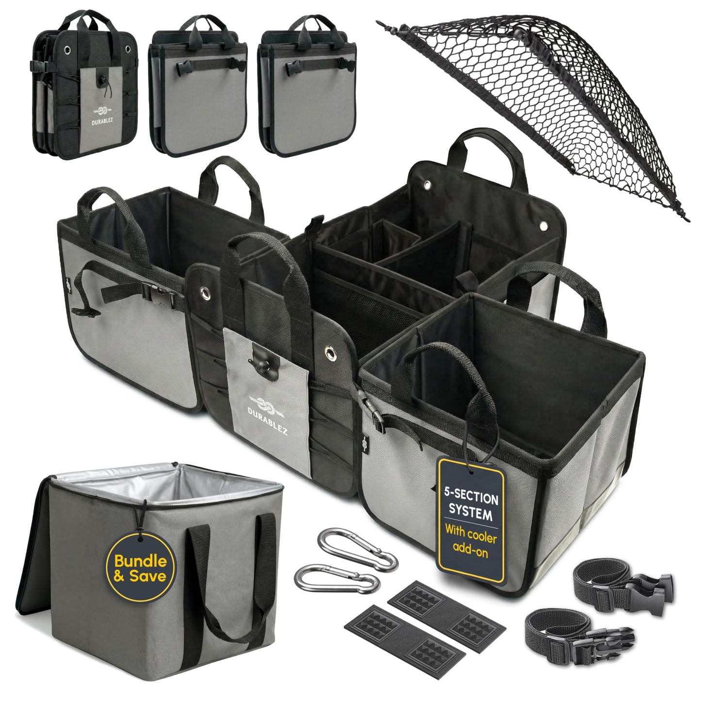 DURABLEZ Modular 5-Section Trunk Organizer XL – Car Storage for Groceries, Tools, Sports Gear, Emergency Kits – Extra Large Multi-Module Cargo Box, Foldable, Detachable, Heavy Duty Design – Gray