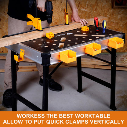WORKESS Portable Workbench 1000Lbs Capacity Heavy Duty Folding Work Table with 2 Quick Clamps, 4 Bench Dogs, 3 Tool Boxes for Garage Easy Storage