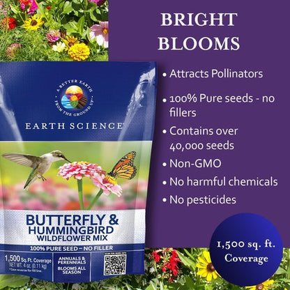 Earth Science Wildflower Seed Blend - Attract Bees, Butterflies & Hummingbirds - 4oz Non-GMO
