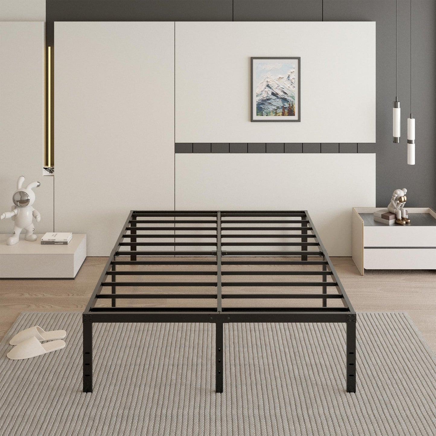 Cieemine 18 Inch Full Size Bed Frame with Black Bed Cover, Metal Bed Frame Full Size No Box Spring Needed, Heavy Duty Mattress Foundation, Easy Assembly, Noise Free