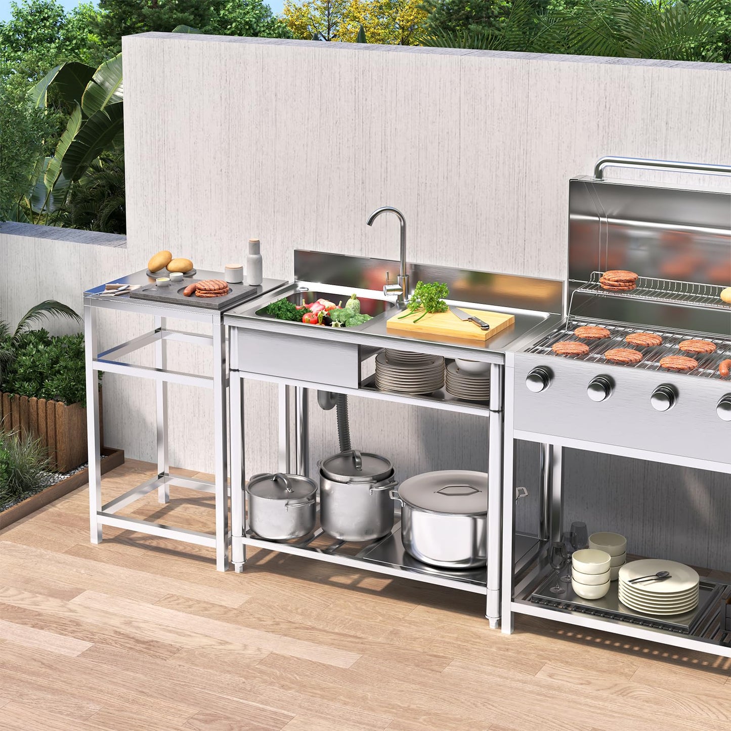 Granper 22in Stainless Steel Utility Sink, laundry sink with Cabinet, Outdoor Sink Station for Lawn & Garden