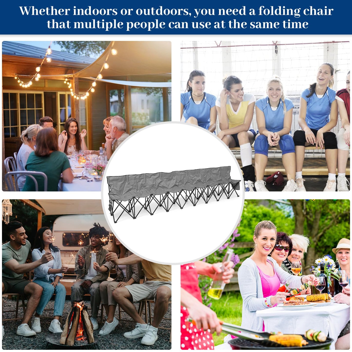 Kigley 9 Seater Folding Soccer Bench Chair Portable Team Sports Sideline Bench for Football Camp Travel Events Outdoor Seating with Storage Bag (Gray)