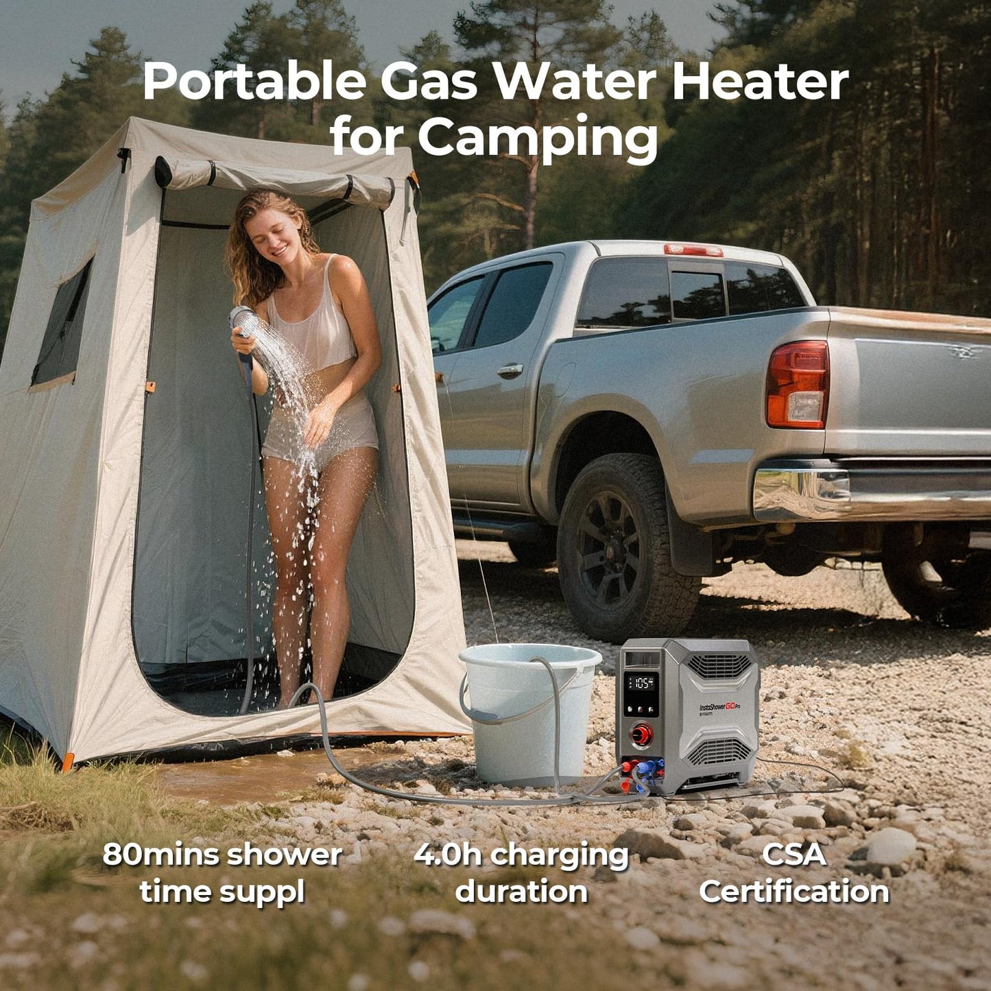 FOGATTI InstaShower GO Pro Portable Propane Hot Shower System, 22,000 BTU Instant Water Heater with 5000mAh Built-in Battery, 12V Pump, All-in-One Outdoor Shower for Camping, Pets & Off-Grid Use