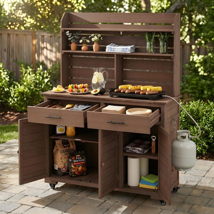 Outdoor Grill Cart with Storage Cabinet, Wood Outdoor Kitchen Island Prep Cart Grill Station for Food Prep and BBQ, Brown
