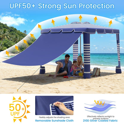 MoKo Beach Cabana,120 Sq. Ft. Large Beach Canopy Tent Sun Shade, UPF 50+ Protection Easy Setup Beach Tent, Adjustable Height Wind Resistant Cabana Sun Shelter for Whole Family, Navy Stripes