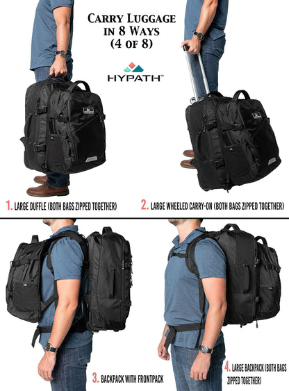 Hypath 2-in-1 Convertible Travel Bag - Use as Backpack with Wheels, Wheeled Carry On, or Stacked Rolling Luggage - Comes with Detachable Daypack - New Upgrades Here