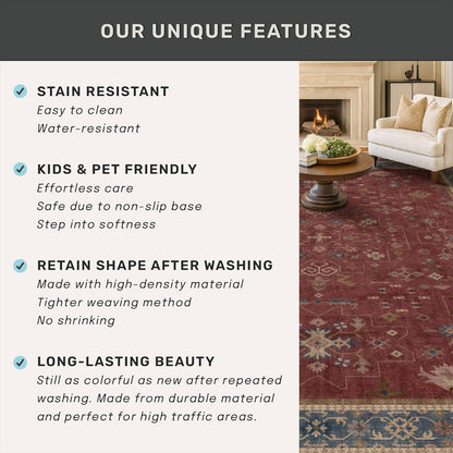 Turkish Kitchen Runner Rugs by [Brand Name] - Non-Skid & Washable | Dark Red, Ideal for Hallway & Bedroom