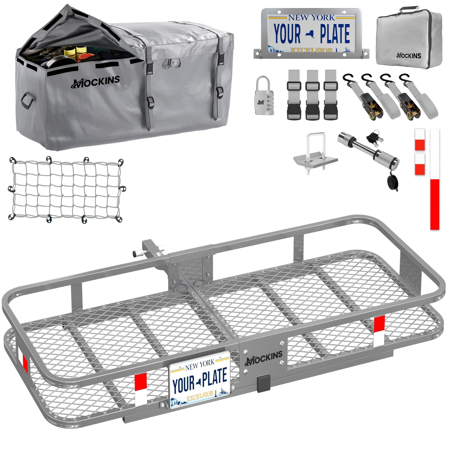 Mockins 60"x20"x6" Gray Heavy Duty Trailer Hitch Cargo Carrier & 16 CuFt Waterproof Cargo Bag for Hitch Carrier | 500 Lbs. Capacity Folding Luggage Rack for SUV Car Truck Van & RV w/Cargo Accessories