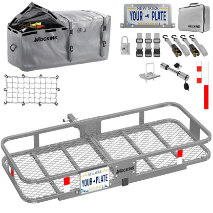Mockins 60"x20"x6" Gray Heavy Duty Trailer Hitch Cargo Carrier & 16 CuFt Waterproof Cargo Bag for Hitch Carrier | 500 Lbs. Capacity Folding Luggage Rack for SUV Car Truck Van & RV w/Cargo Accessories