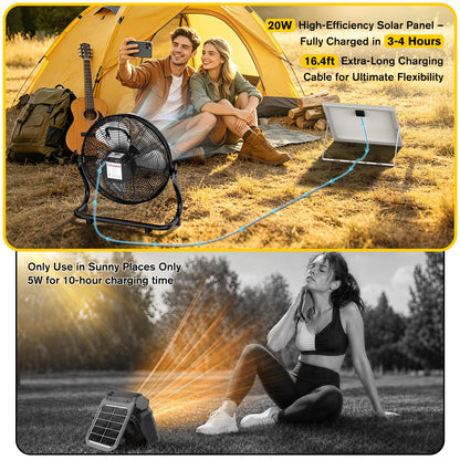 ZMLBTF 14" Solar Powered Fan with 20W Solar Panel & Rechargeable Battery, Portable, Quiet 12 Speed, 360° Tilt Head for Outside, Camping, Travel, Greenhouse, Chicken Coop, Patio, gazebo (Black)