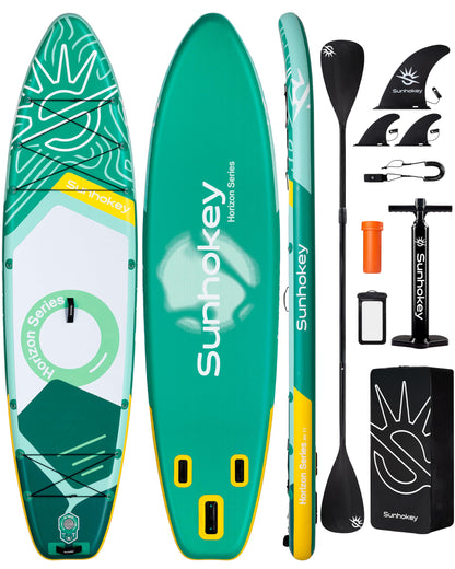 SUNHOKEY 11'×34'' Extra Wide Inflatable Paddle Board with Seam Welded Technology, Stand Up Paddle Board, 420lb Capacity for Adults, Sup Board for All-Level with 2-Blade Paddle/Dual-Action Pump/Leash