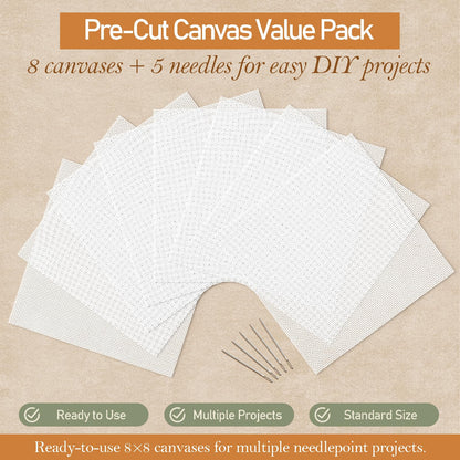Needlepoint Canvas 13 Mesh, 8 Pack 8 x 8 Inch Pre-Cut Cotton Blank Embroidery Fabric with 5 Needles, Blank Canvas for Needlepoint, Canvaswork & DIY Craft Supplies, No-Fold Packaging