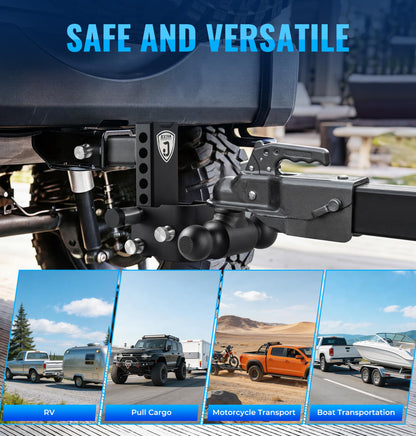 JEXTRA Adjustable Trailer Hitch Ball Mount, fits 2-1/2" Receiver Hitch, 5" Rise & Drop Hitch Tri-Ball (1-7/8" x 2" x 2-5/16"),12,500 LBS GTW Trailer Hitch with Double Anti-Theft Locking Pins Black