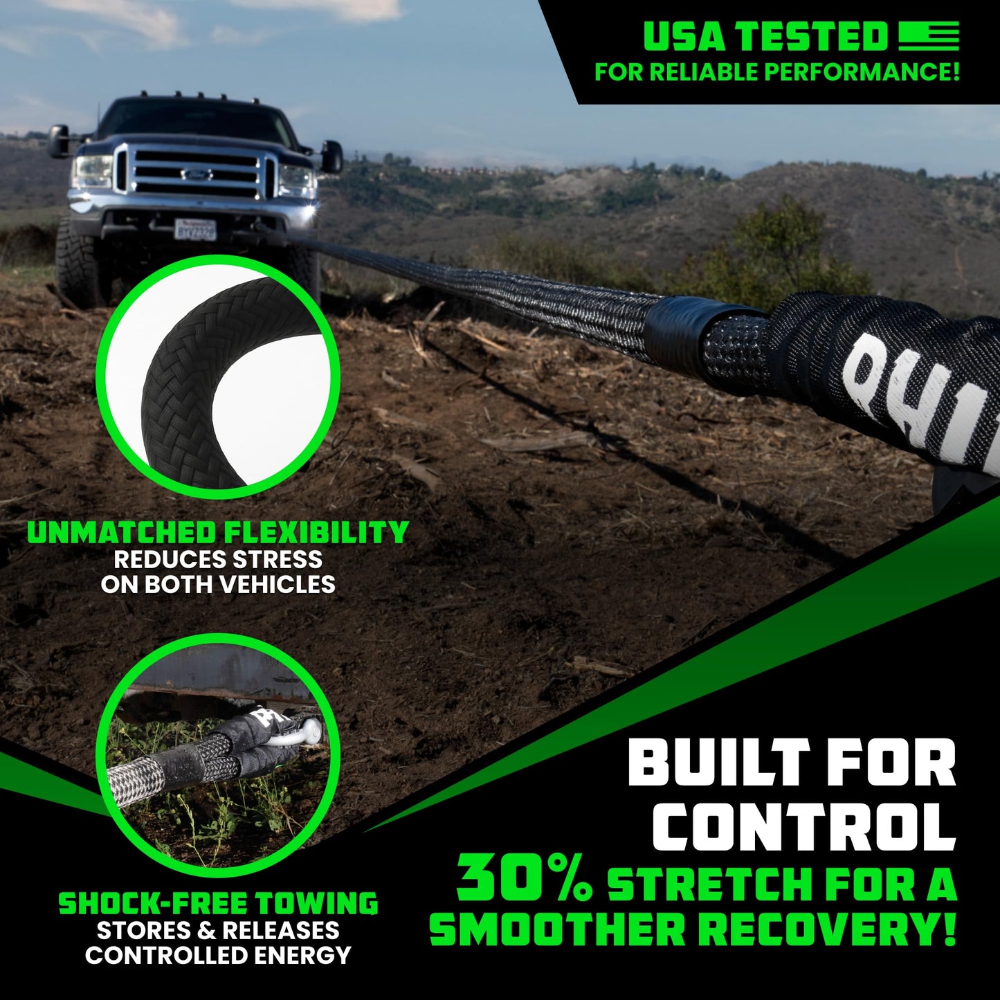 Rhino USA Kinetic Recovery Tow Rope Heavy Duty Offroad Snatch Strap for UTV, ATV, Truck, Car, Tractor - Ultimate Elastic Straps Towing Gear - Backed for Life! (1.25" x 30' Black)