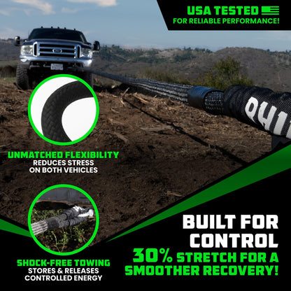 Rhino USA Kinetic Recovery Tow Rope Heavy Duty Offroad Snatch Strap for UTV, ATV, Truck, Car, Tractor - Ultimate Elastic Straps Towing Gear - Backed for Life! (1.25" x 30' Black)