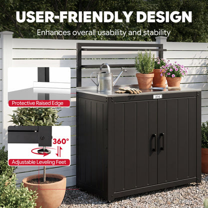 Feasto Outdoor Potting Bench Table with Storage Cabinet, Stainless Steel Garden Workstation, Raised-Edge Top, Adjustable Shelf & Removable Hutch for Patio, Balcony & Outdoor Workspace, Black