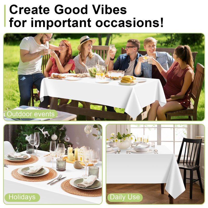 QIKSION White Plastic Table Cloth Disposable 3 Pack, 54 x 108 Inch Tablecloths for Party, Picnic, Birthday, Rectangle Table Cover